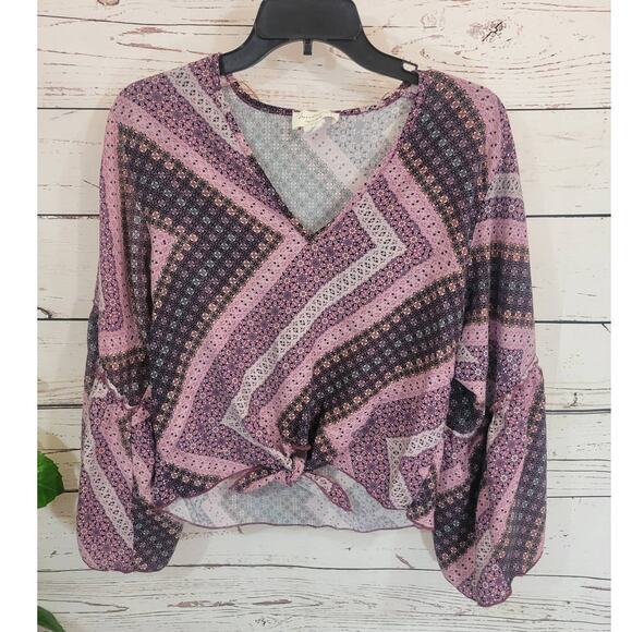 Lavender Field  Crop Top Pink Gray Boho Front Tie Bell Sleeve Women's Size Large - Picture 1 of 10